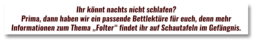 Ihr könnt nachts nicht schlafen?  Prima, dann haben wir ein passende Bettlektüre für euch, denn mehr  Informationen zum Thema „Folter“ findet ihr auf Schautafeln im Gefängnis.